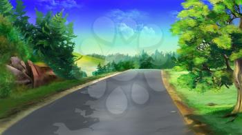 Digital painting of the landscape country road, trees and grass.