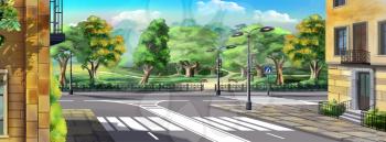 Digital painting of the crosswalk in a morning city with park background. Panorama