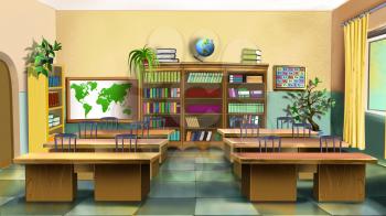 Digital painting of the Interior of classroom.  Front view with desks, tables and educational posters.