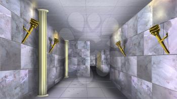 Digital painting of the Ancient maze with marble walls and torches.