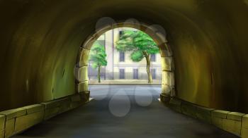 Digital painting of the archway to courtyard.
