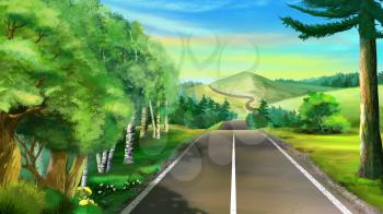 Digital painting of the road to a mountain.