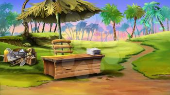 Digital painting of the Discoverer residence on small pirate island with wood table and chair, palms & umbrella. Front view.