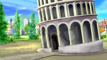 Digital painting of the entrance to the Leaning Tower of Pisa - one of the wonders of the world.