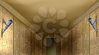 Digital painting of the hieroglyphics on the walls of Egyptian temple