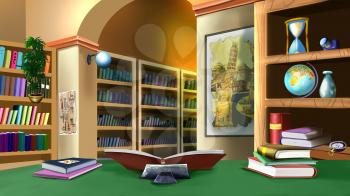 Digital painting of the Interior of the of the scientist's cabinet with bookshelves and  table.