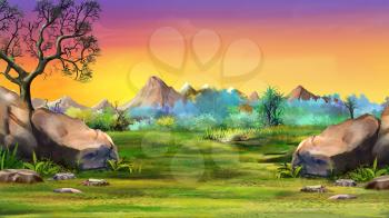 Digital painting of the landscape with big stones and mountains. Summer day view with a stones, trees and mountains. Long shot.