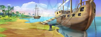Digital painting of the pirate ship near a island with sails and stair. Panorama.