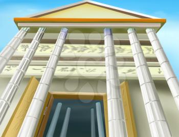 Digital painting of the portico of an Ancient Temple. Bottom view