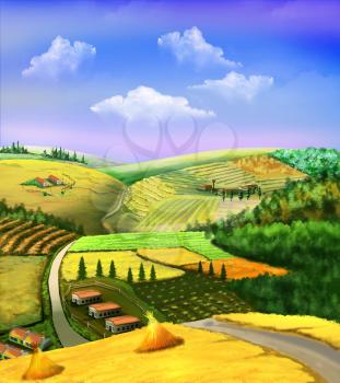 Digital painting of the rural landscape with wheat fields, grove, road and cloudy sky.