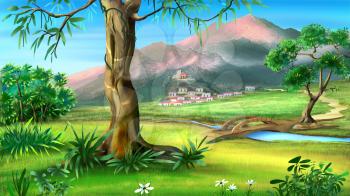 Digital painting of a small bridge over a stream with big tree and village at the foot of the mountains