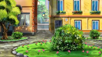 Digital painting of the urban garden with trees, buildings and flowerbed.