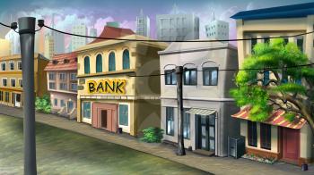 Digital painting of the small bank on the city street with houses and trees.