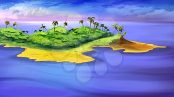 Digital painting of the small island in a ocean with palms.