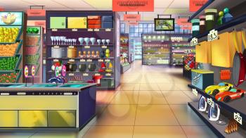 Digital painting of the supermarket interior with shelves full of goods.