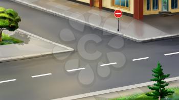 Digital painting of the urban crossroads. STOP road sign.