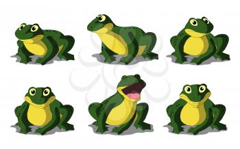 Set of green frogs separate images. Digital painting  full color cartoon style illustration isolated on white background.