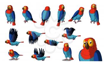 Set of Macaw Parrot images. Digital painting  full color cartoon style illustration isolated on white background.