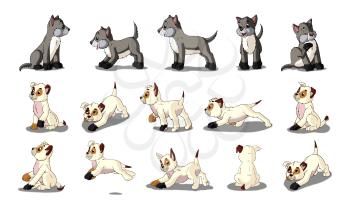 Set of white and gray Puppies images.  Digital painting  full color cartoon style illustration isolated on white background.