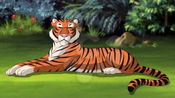 Digital painting of the Bengal tiger lying on a meadow.