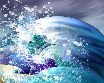 Digital Painting, Illustration of a big water waves in Oriental Style of drawing.