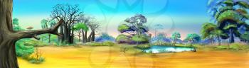 Digital painting of the African Savannah in a summer day with small lake. Panorama.