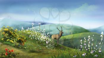 Digital painting of the Deer in the Hills