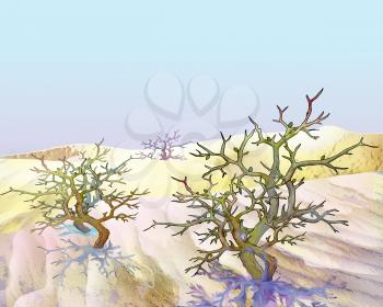 Digital Painting, Illustration of a shrub Saxaul plant (haloxylon) in a sand desert. Cartoon Style Character, Fairy Tale Story.