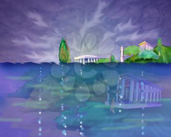 Digital Painting, Illustration of a Legendary Lost Ancient City Atlantis in a Mediterranean  Sea. Cartoon Style Character, Fairy Tale  Story Background, Card Design.