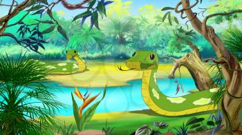 Green Anaconda - the largest Snake. Digital painting  full color illustration.
