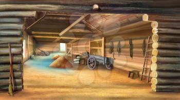 Barn with Grain in a village.  Wooden cart. Digital painting, illustration in Realistic Cartoon Style
