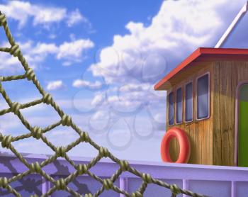Digital Painting, Illustration of a Wooden deck of a ship with fishnet in Realistic Cartoon Style