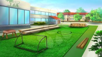 Digital Painting, Illustration of a School sports ground and football stadium. Cartoon Style Artwork Scene, Story Background.