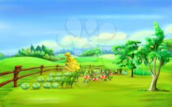 Digital Painting, Illustration of a Haystack in a garden under blue sky in a summer day. Cartoon Style Character, Fairy Tale Story Background.