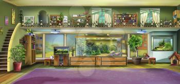 Digital painting of the Home Interior with Aquariums and terrariums.