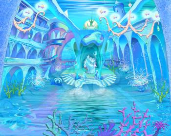 Digital Painting, Illustration of a Mysterious and Fantasy Undersea Atlantis Castle. Fantastic Cartoon Style Character, Fairy Tale Story Background, Card Design