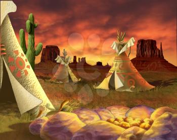Digital Painting, Illustration of a group of tepees, Traditional Houses of Native Americans in Realistic Cartoon Style.