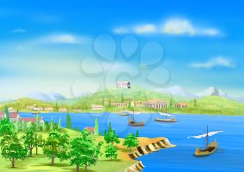 Digital Painting, Illustration of the ancient city in Egypt, on the banks of the Nile River in Realistic Cartoon Style