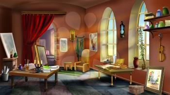 inside the artist's studio. Digital Painting in Realistic Cartoon Style