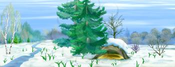 Digital painting of the Spring snowdrop flowers coming out from snow in a spring forest. Panorama