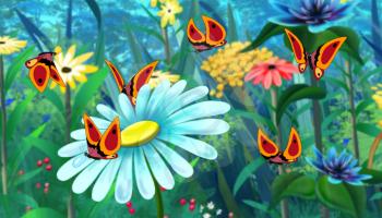 Red  Butterfly Flew on a Flower. Digital painting  cartoon style full color illustration.