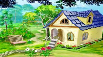 Digital painting of the Village Garden House in a summer day. Rural landscape.