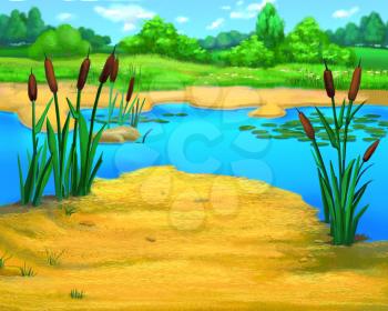 Digital Painting, Illustration of Reeds by the river in a summer day. Cartoon Style Artwork Scene, Story Background.