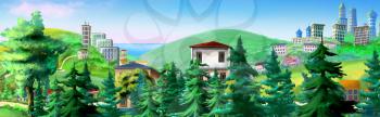 Digital Painting, Illustration of a Rural Landscape with Spruce Trees and Buildings in a summer day. Realistic Cartoon Style
