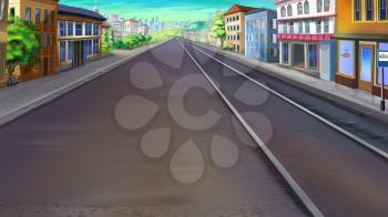 Digital painting of the tram rails in a city