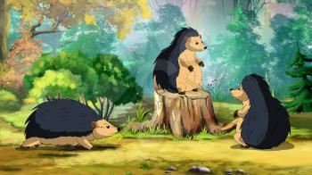 Hedgehog's family on a sunny forest glade in a morning. Digital painting  cartoon style full color illustration.