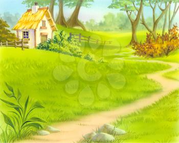 Digital Painting, Illustration of a path near old wooden house. Cartoon Style Character, Fairy Tale Story Background.
