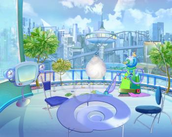 Digital Painting, Illustration of a Colorful Futuristic view of the city  in a Children's fantasies. Cartoon Style Artwork Scene, Story Background, Card Design