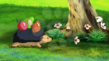 Little hedgehogs goes home. Digital painting  cartoon style full color illustration.