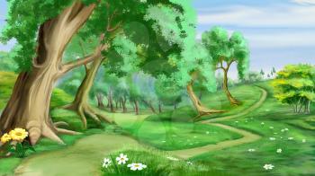 Digital Painting, Illustration of a path near the forest in Realistic Cartoon Style